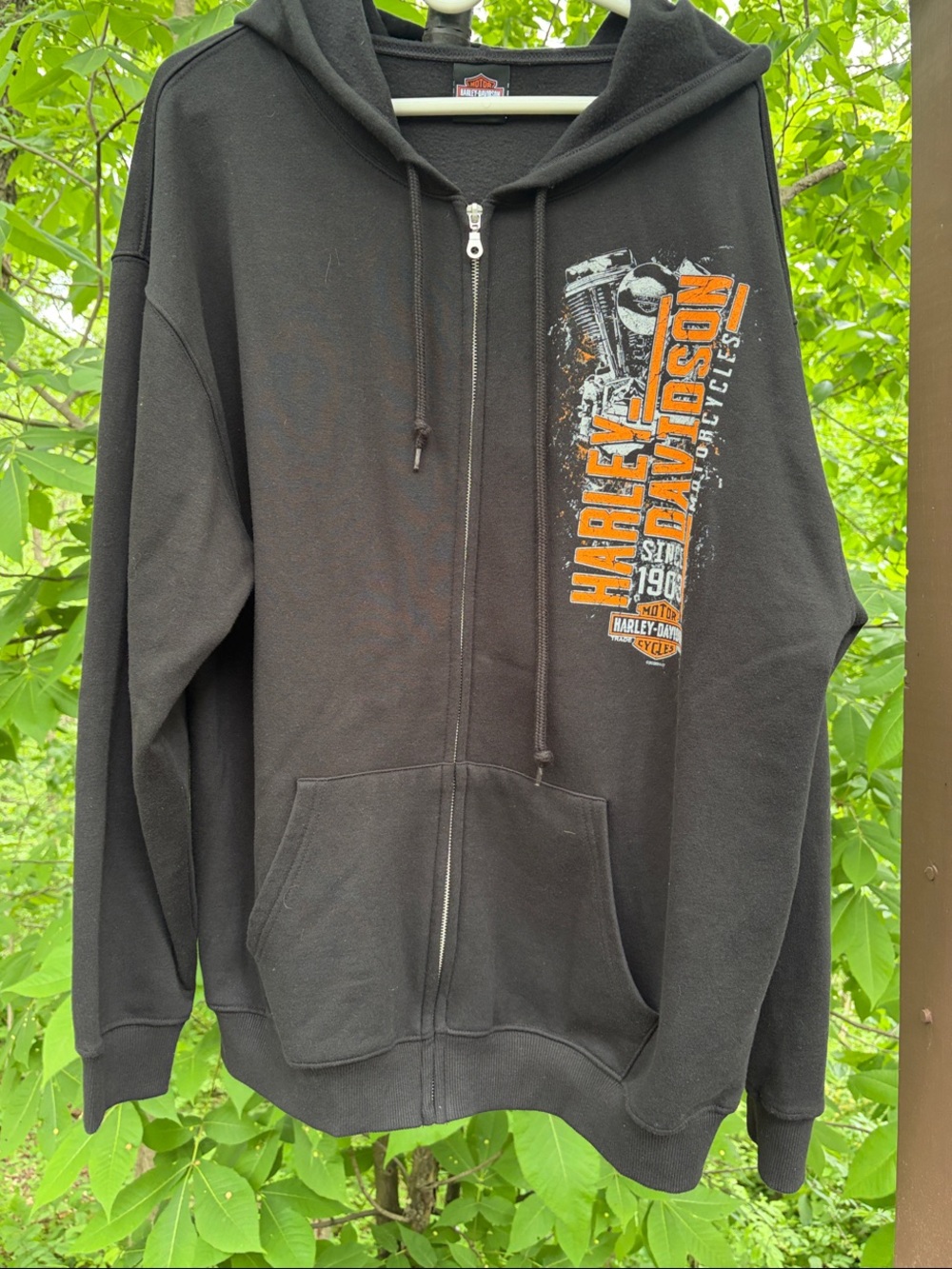 Harley-Davidson Black Hoodie with Orange Logo and Motorcycle Graphic
